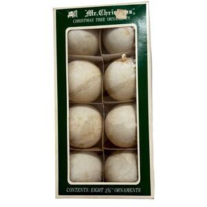 Vintage (1972) MR CHRISTMAS Flocked Ornaments Boxed white Unbreakable 2-3/8” MCM